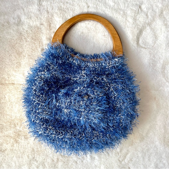 etsy Handbags - Etsy MCM Cottagecore Blue Fringe Teddy Shag Wood Handle Handbag